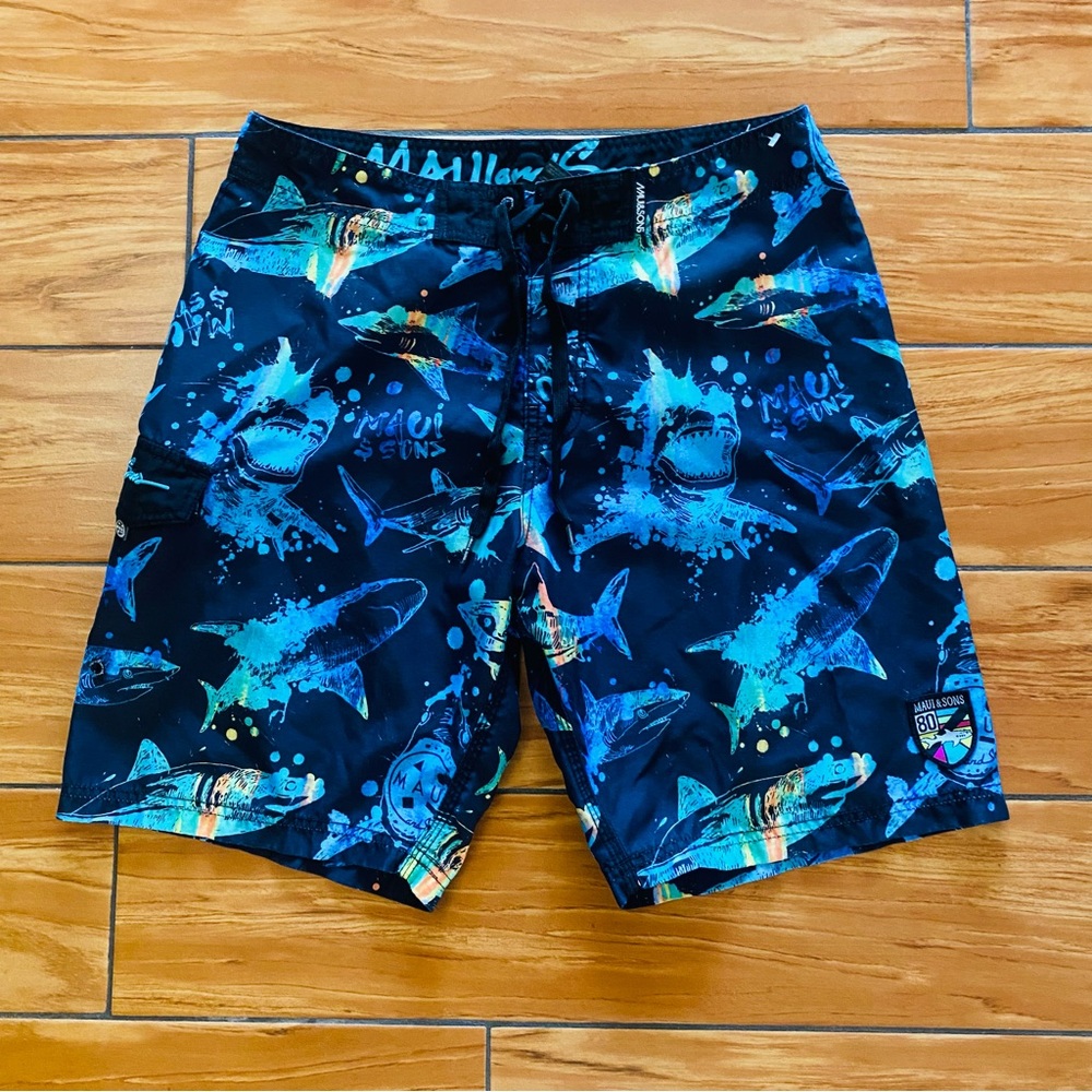 Maui And Sons Board Shorts Shark Print Surf Swim Trunks Men’s Size 32 #A4